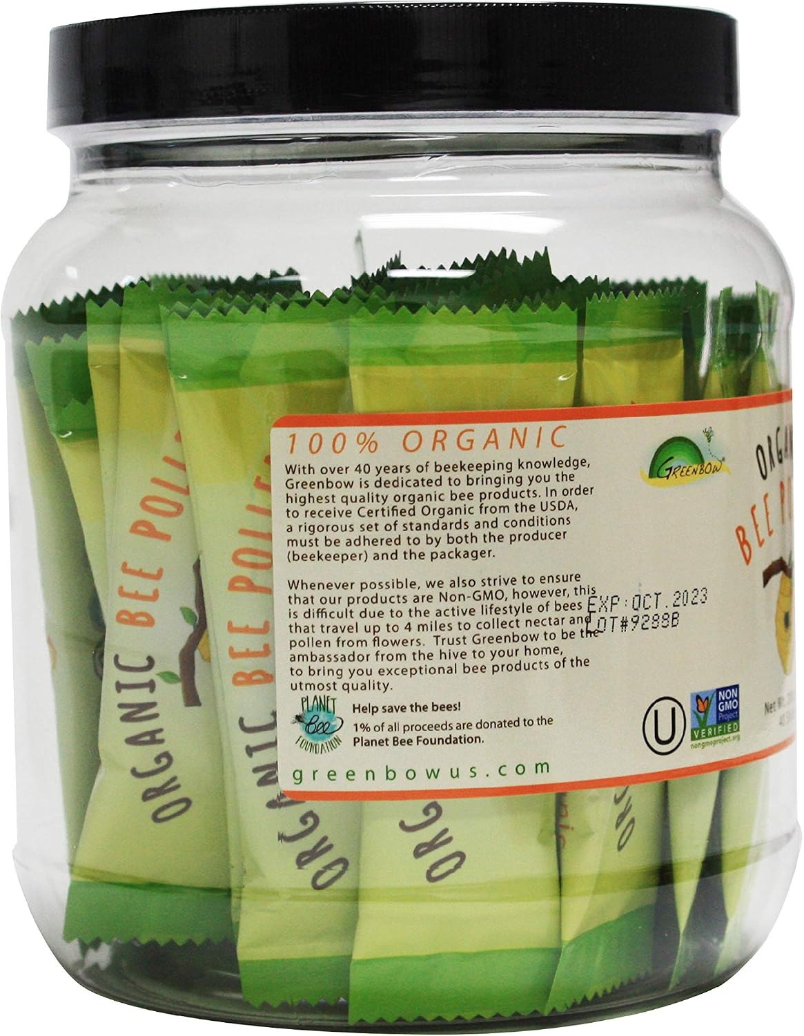 Greenbow Organic Bee Pollen - Polen de Abeja Orgánico Certificado USDA, No Transgénico, Halal, Kosher, GMP, Puro y Natural - Superalimento Rico en Proteínas, Vitaminas y Minerales - Sin Gluten - 5g x 40 sticks