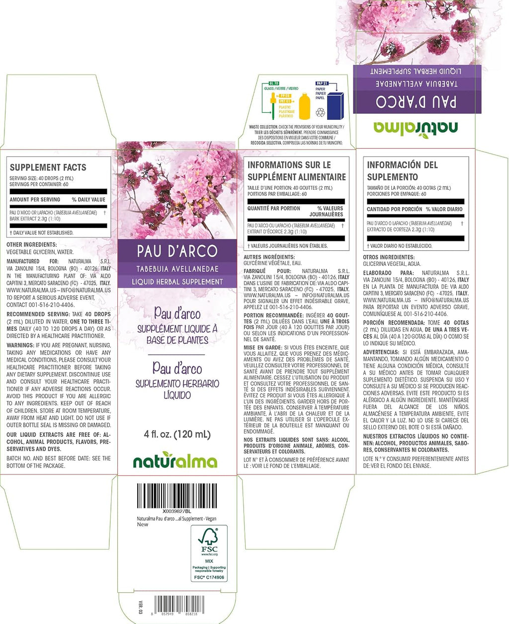 Naturalma PAU d'arco o Lapacho (Tabebuia avellanedae o Tecoma curialis) corteza Tintura sin Alcohol - 118 ml Extracto Líquido en Gotas - Suplemento Herbal - Vegano