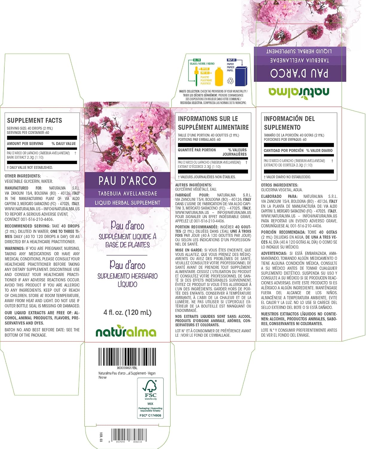 Naturalma PAU d'arco o Lapacho (Tabebuia avellanedae o Tecoma curialis) corteza Tintura sin Alcohol - 118 ml Extracto Líquido en Gotas - Suplemento Herbal - Vegano