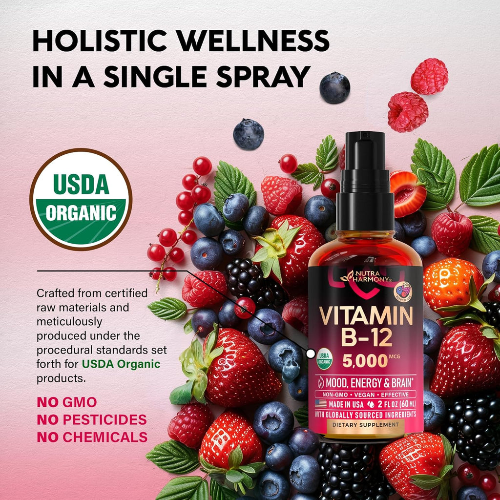 Spray Sublingual de Vitamina B12 Orgánico USDA - 5000 mcg - Metilcobalamina - 60 ml (2 Meses)