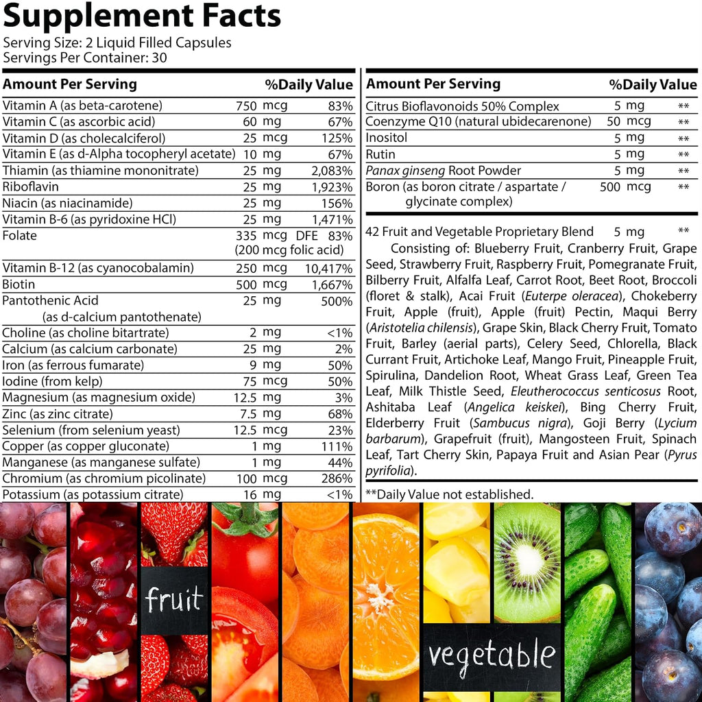 Iman Vitamins Halal Complete Multivitamin - Cápsulas Multivitamínicas para Adultos con 42 Frutas y Verduras, Hierro, Zinc, CoQ10 y Vitaminas