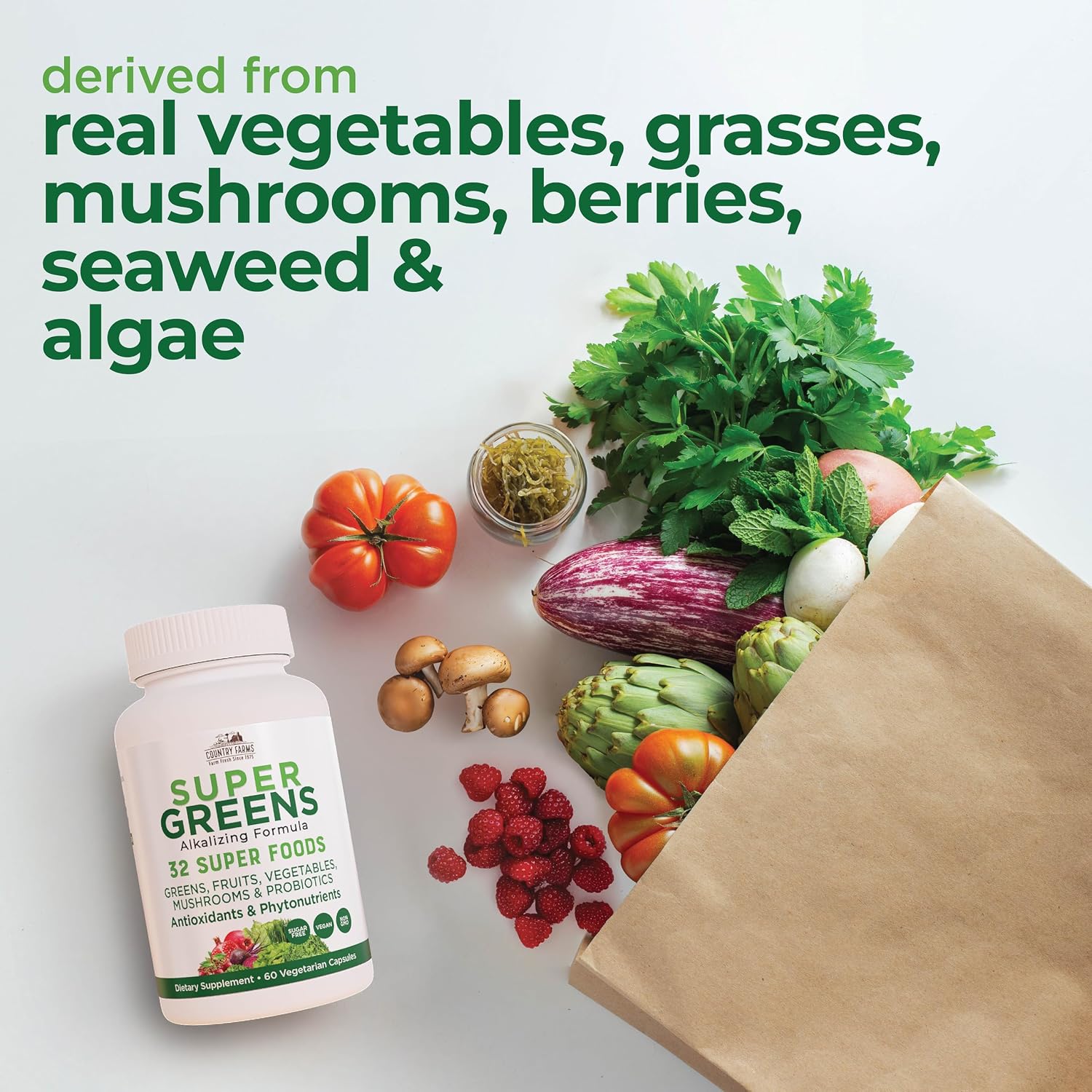 Country Farms Super Greens Vegicaps - 32 Superalimentos en Cápsulas Vegetales, 60 Cápsulas (30 Días)