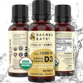 Gotas Orgánicas de Vitamina D3 Líquida - 1000 UI por Gota, Sin Azúcar, Aceite de Coco MCT, Máxima Absorción