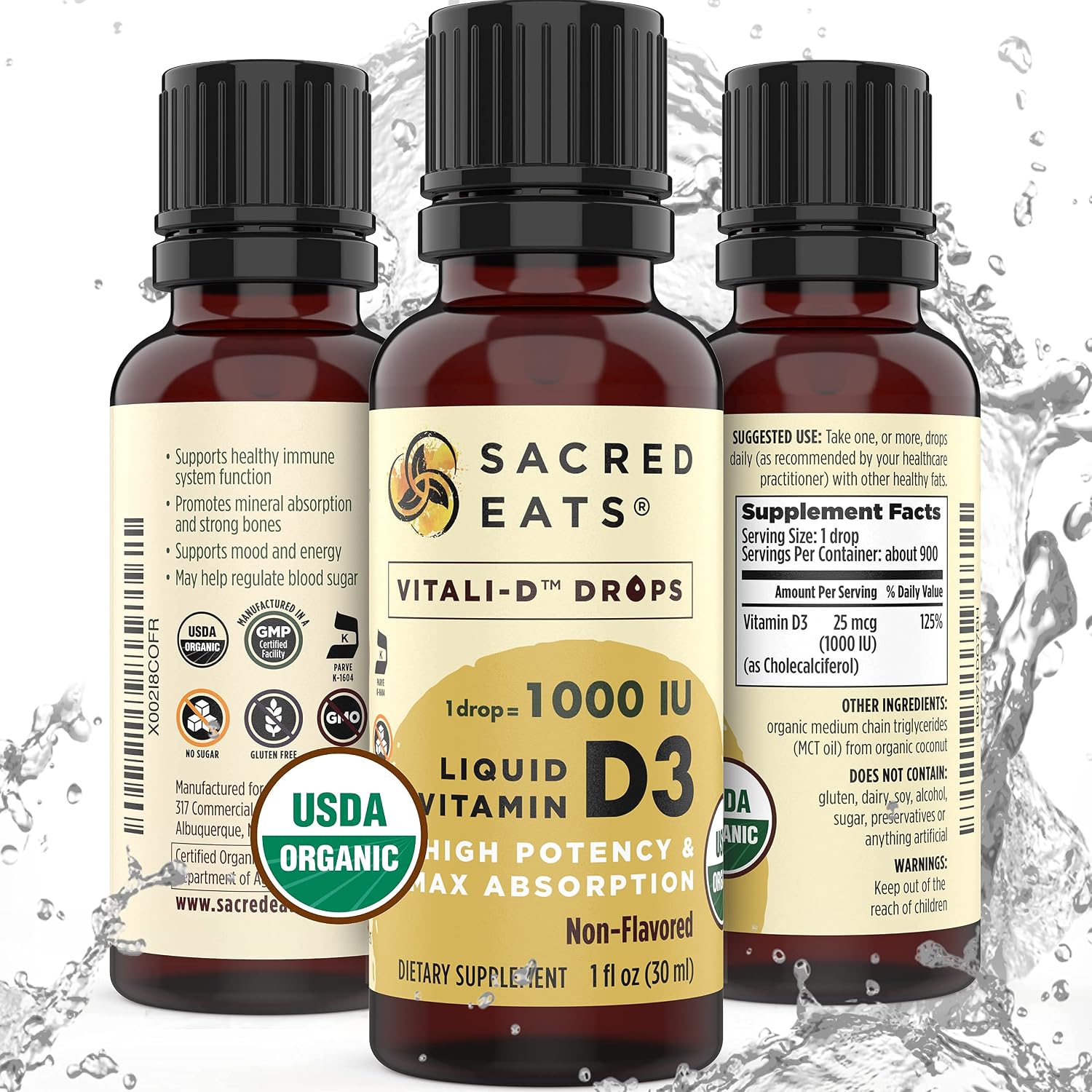 Gotas Orgánicas de Vitamina D3 Líquida - 1000 UI por Gota, Sin Azúcar, Aceite de Coco MCT, Máxima Absorción