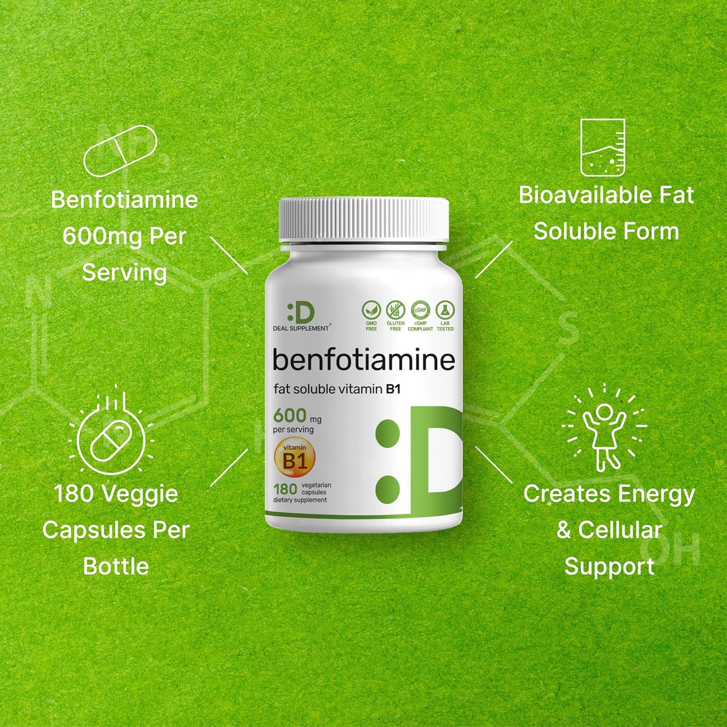 Benfotiamina 600mg por Dosis, 180 Cápsulas Vegetales – Vitamina B1 Liposoluble – Vegano, Sin Gluten, No GMO
