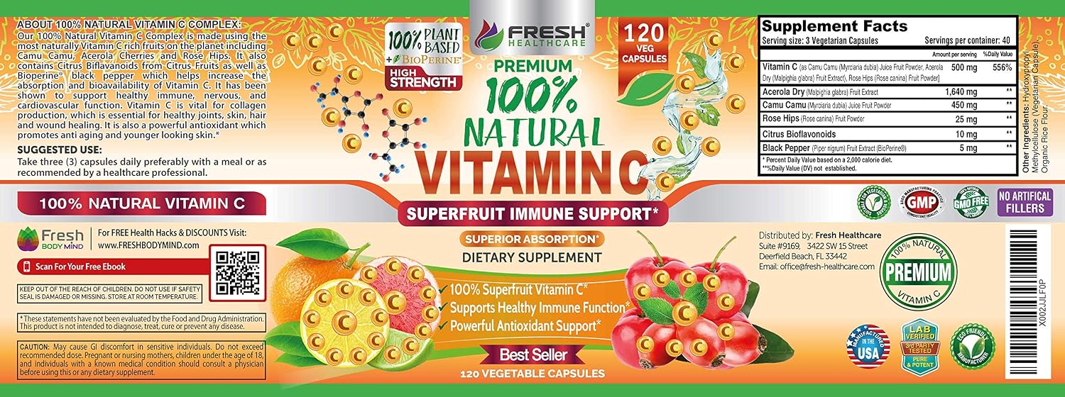 Fresh Healthcare Vitamina C 500mg Natural – 120 Cápsulas Veganas