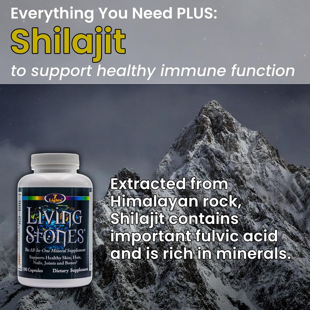 Living Stones, Suplemento Mineral Completo con Zinc, Calcio, Magnesio, Selenio, MSM y Shilajit (180 Cápsulas)