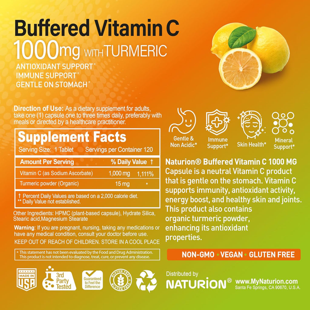 NATURION Vitamina C Tamponada 1000 mg con Cúrcuma Orgánica - 120 Cápsulas Veganas (120 Días de Suministro)