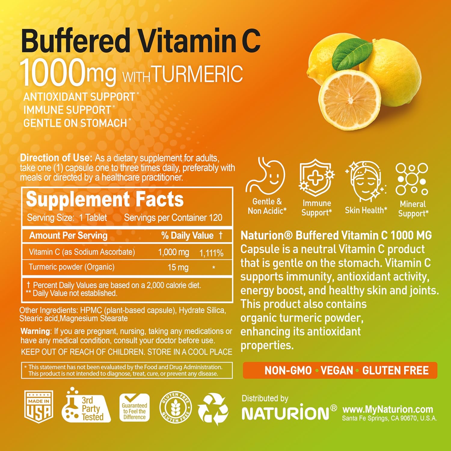 NATURION Vitamina C Tamponada 1000 mg con Cúrcuma Orgánica - 120 Cápsulas Veganas (120 Días de Suministro)