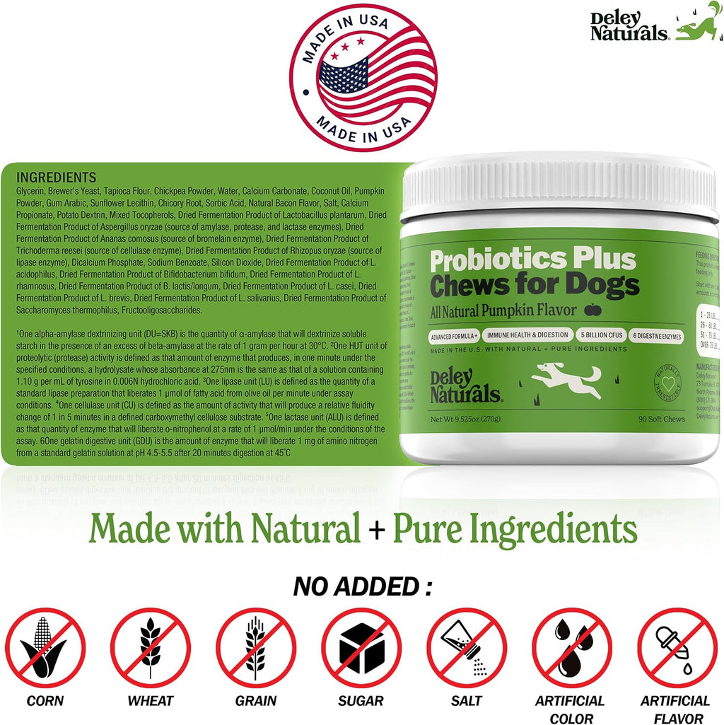 Deley Naturals Probióticos Plus Masticables para Perros - 5 Mil Millones UFC con Enzimas Digestivas - Sabor a Calabaza - 90 Unidades