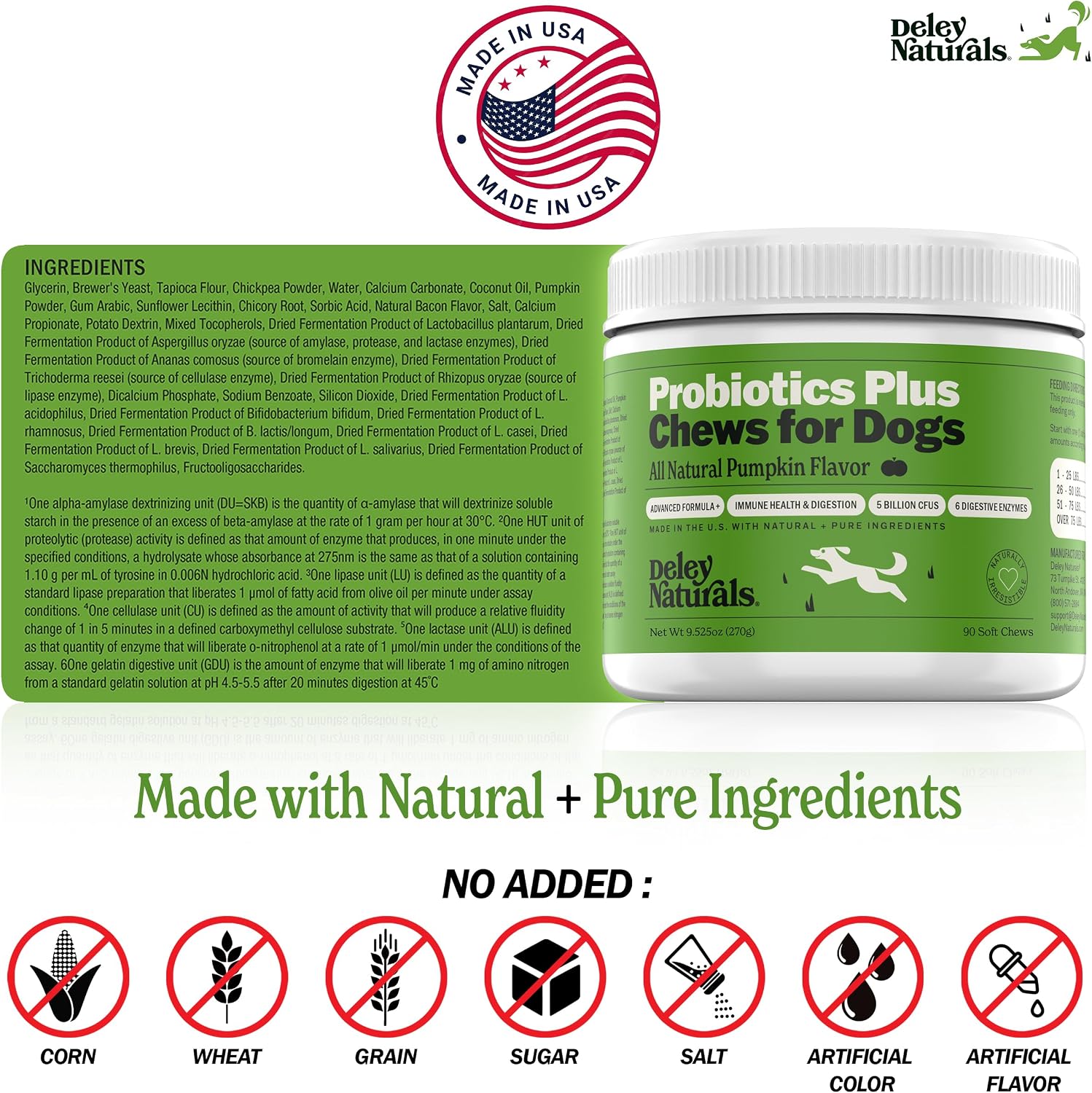 Deley Naturals Probióticos Plus Masticables para Perros - 5 Mil Millones UFC con Enzimas Digestivas - Sabor a Calabaza - 90 Unidades