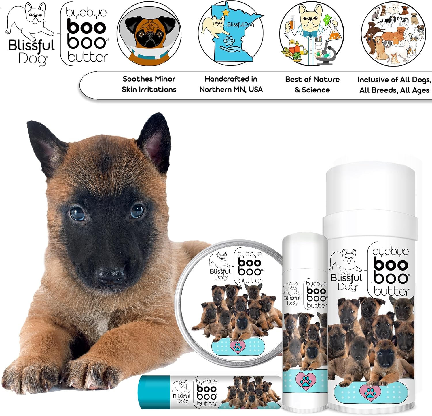 The Blissful Dog Tubo de 0.50 oz Mantequilla para Rasguños Booboo Belgian Malinois