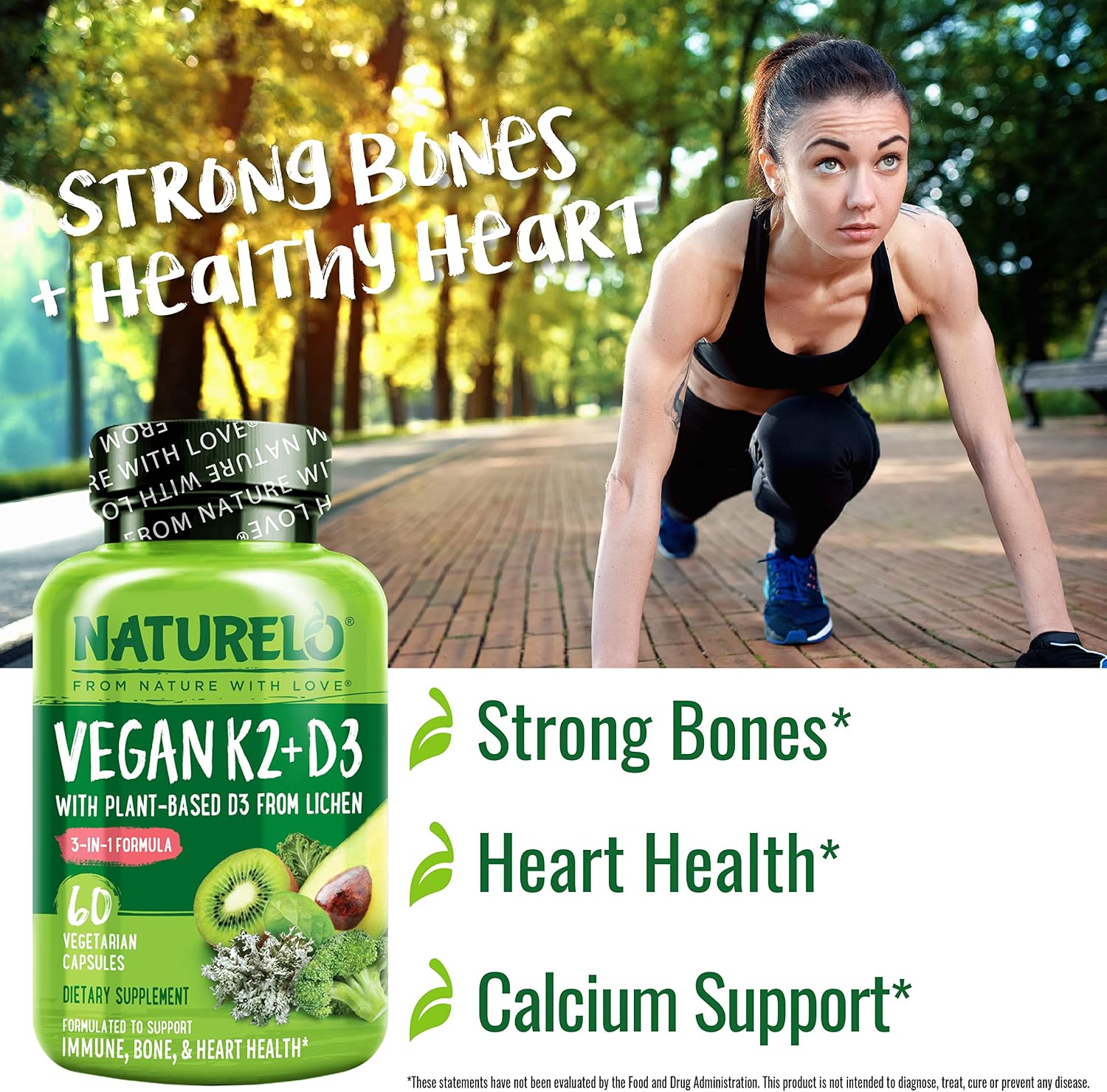 NATURELO Vitamina D3 + K2 Vegano, 60 Cápsulas