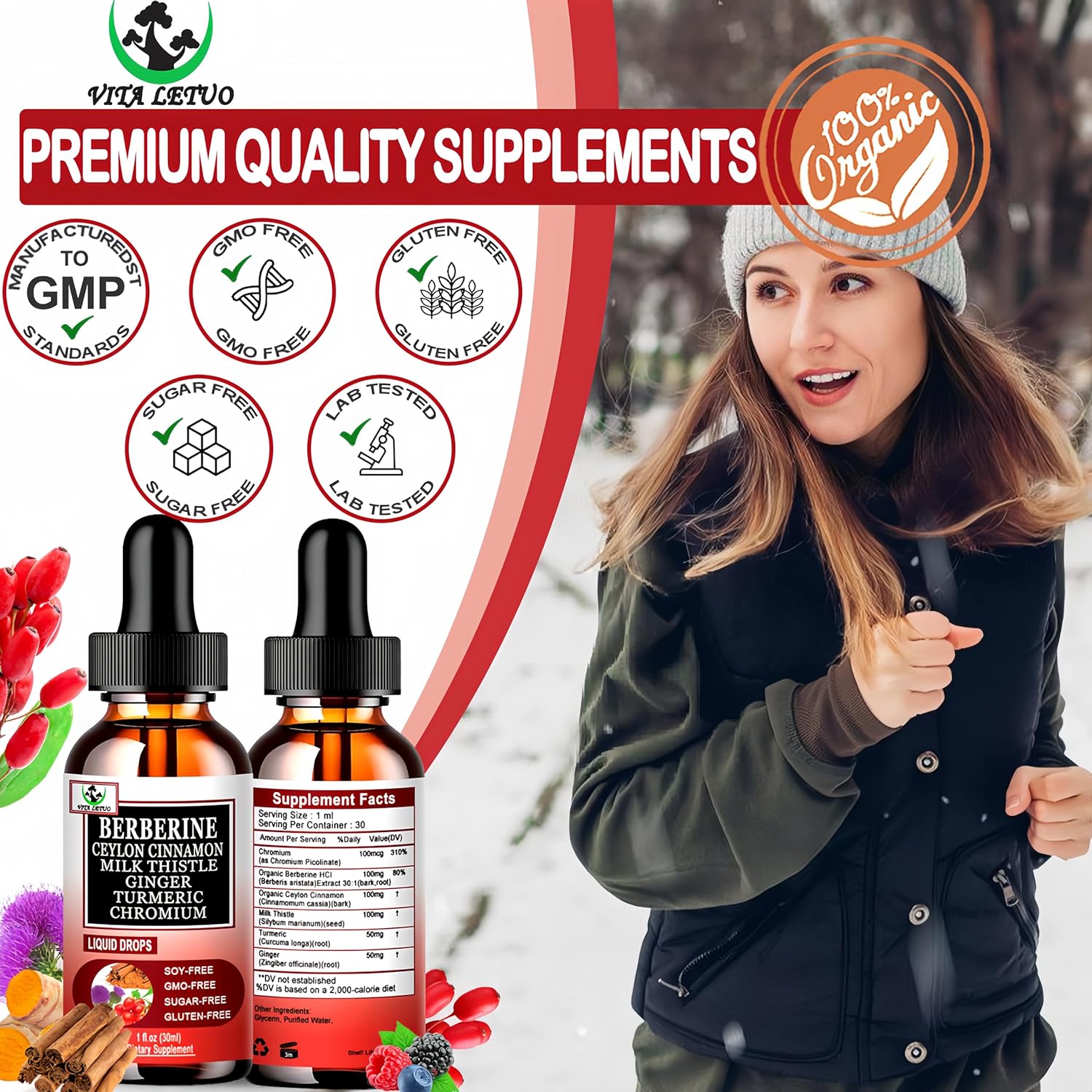 Berberine Drops 6-en-1 de Vita letuo - Complejo Líquido de Berberina con Canela, Cardo Mariano y Cúrcuma, 30 Dosis