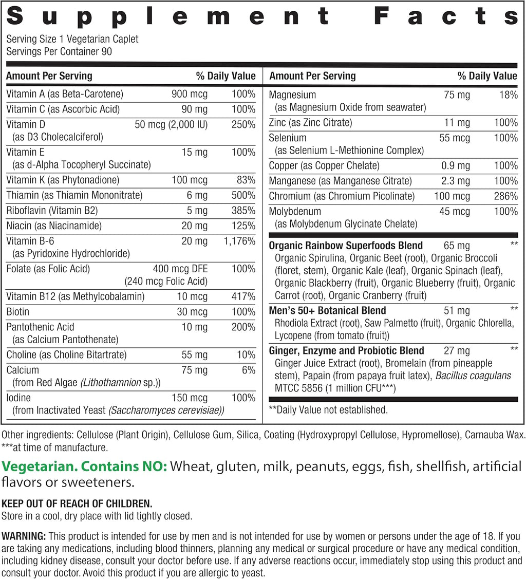 Rainbow Light Multivitamínico para Hombres 50+ One+ | 90 Comprimidos | Con Vitaminas C, D y Zinc | Nutrientes de Alimentos Reales, Enzimas Digestivas y Probióticos