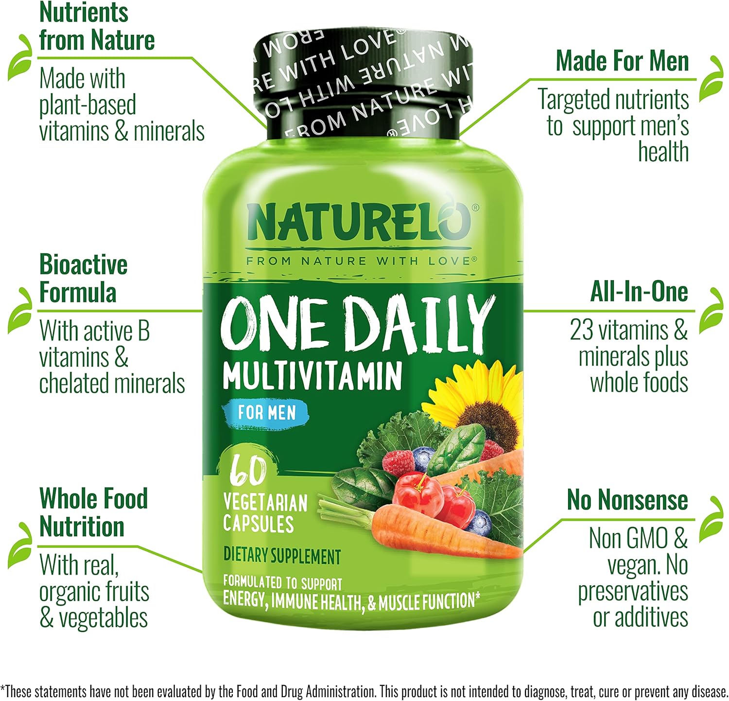 NATURELO Multivitamínico para Hombres - Complejo de Vitaminas y Minerales con Alimentos Ecológicos, 60 Cápsulas Vegetales