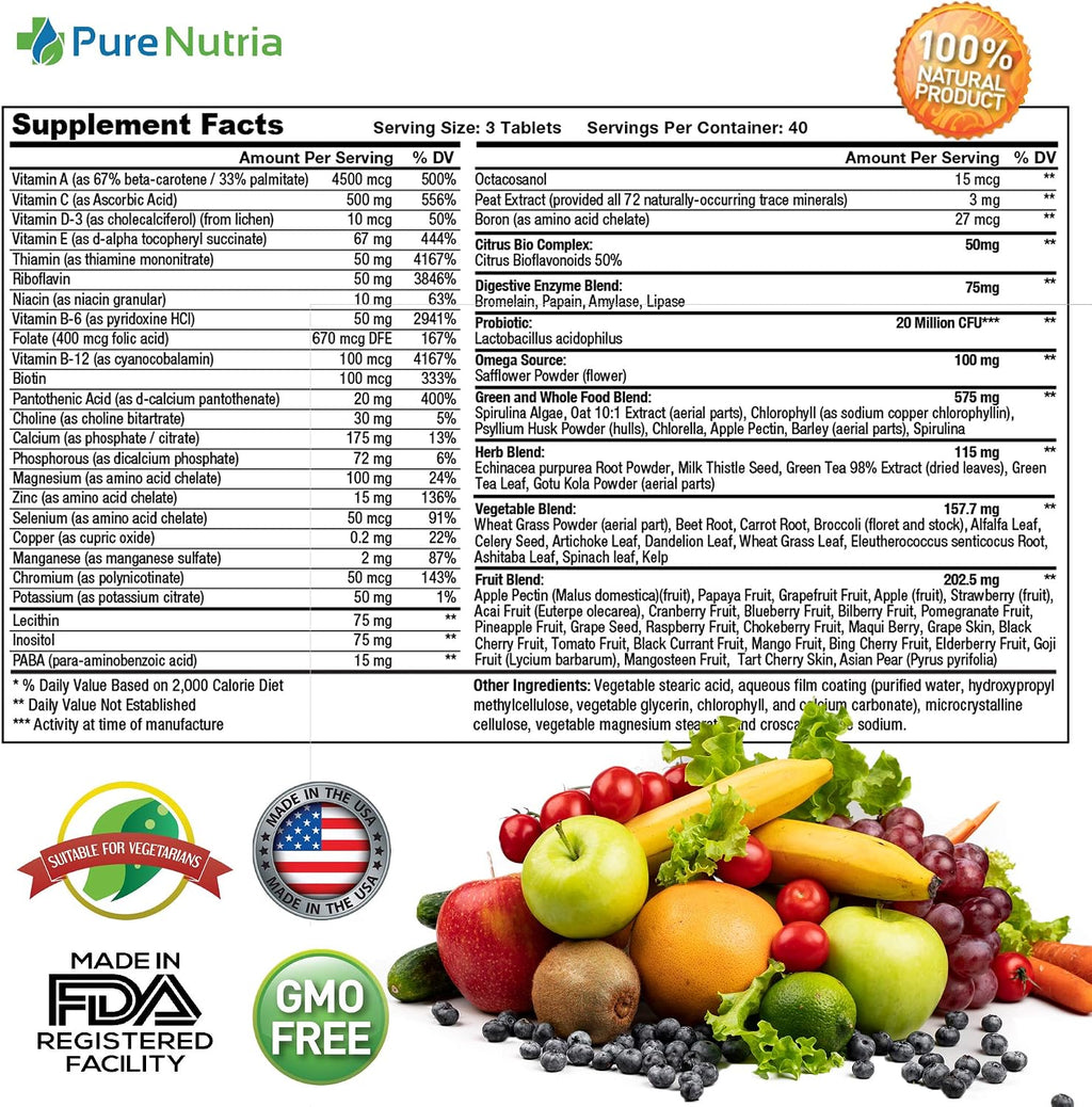 Whole Food Multivitamin with Probiotics and Enzymes - 120 Capsules for Women and Men