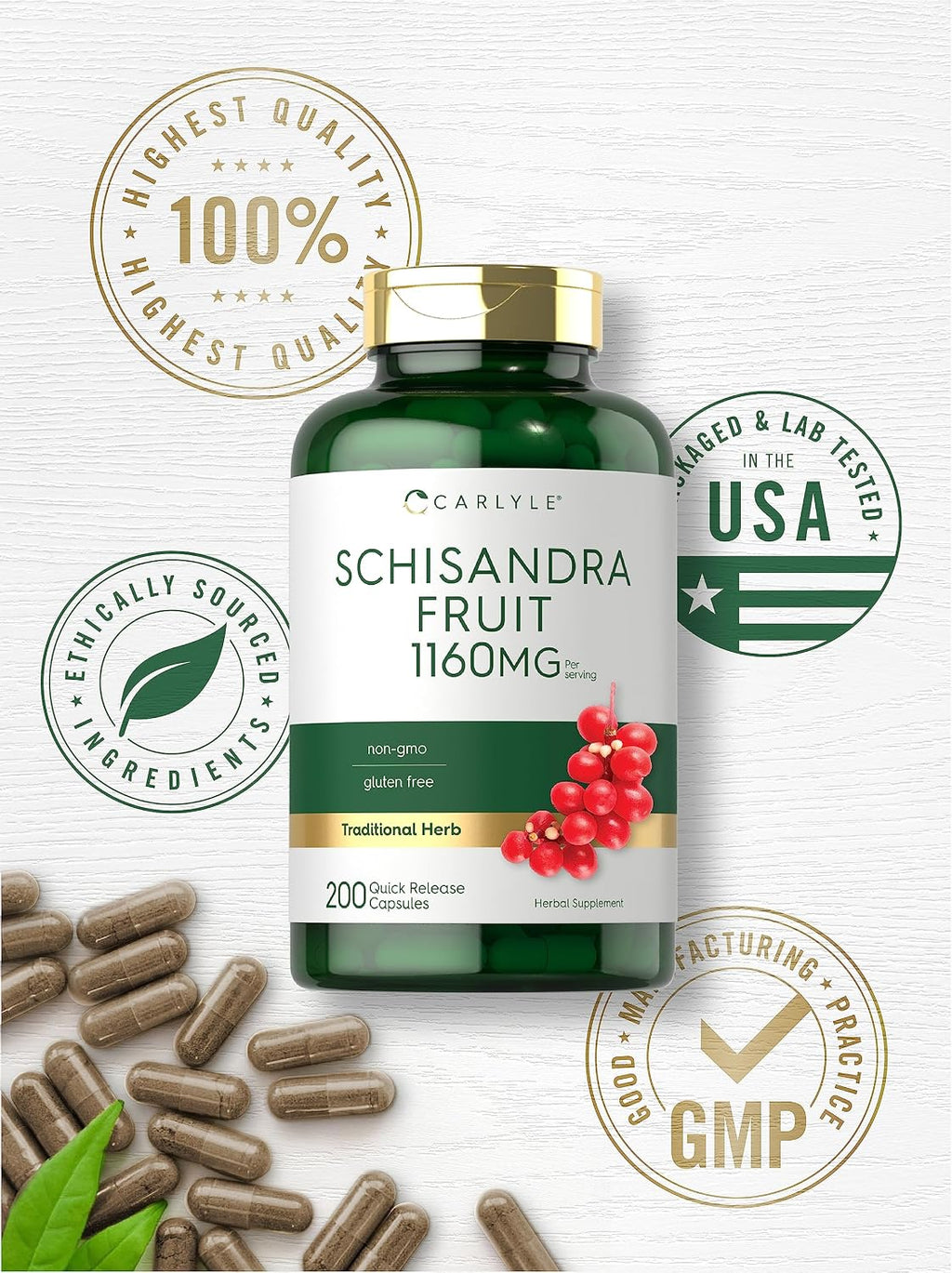 Carlyle Suplemento de Schisandra 1160 mg | 200 Cápsulas | Extracto de Baya | No Transgénico y Sin Gluten