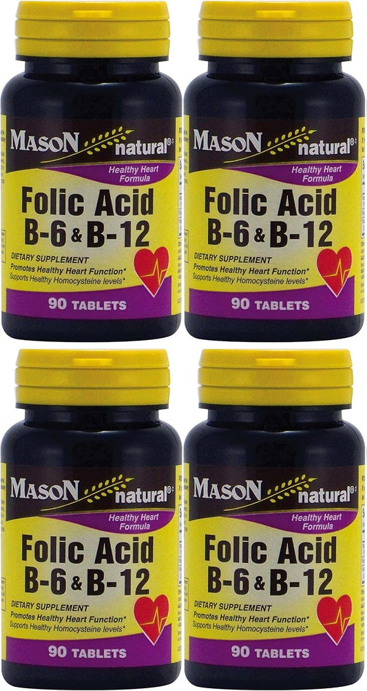 Mason Natural Ácido Fólico, Vitamina B6 y B12 - 90 Comprimidos (Paquete de 4)