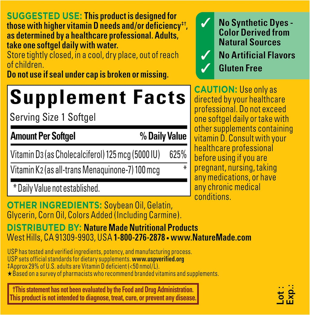Nature Made Vitamina D3 + K2, 5000 UI (125 mcg), 30 Cápsulas Blandas