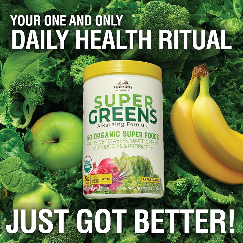 Country Farms Super Greens Apple Banana – Mezcla ecológica en polvo, 40 raciones (2 envases)