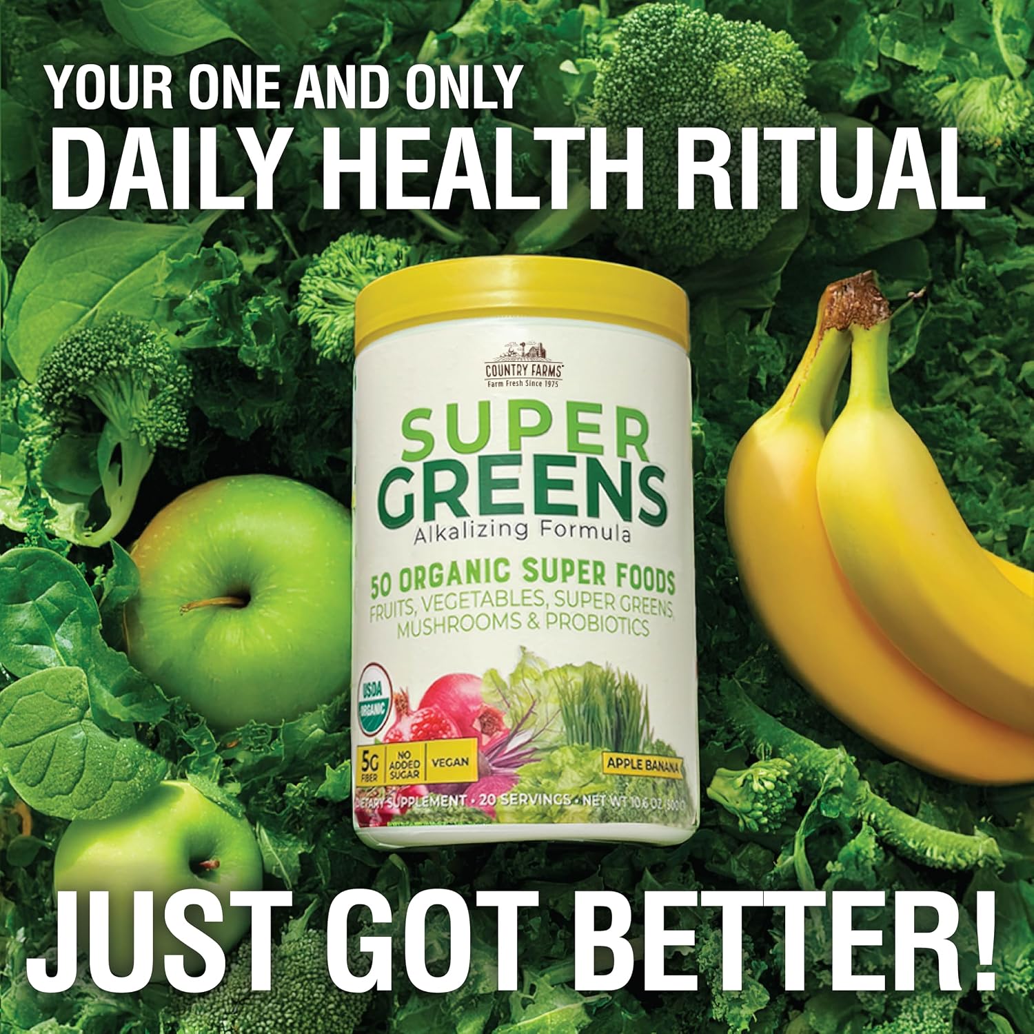 Country Farms Super Greens Apple Banana – Mezcla ecológica en polvo, 40 raciones (2 envases)