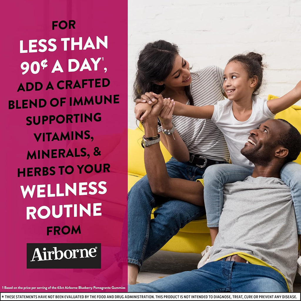 Airborne Gummies de Vitamina C 750 mg para Adultos, Suplemento de Apoyo Inmunológico con Potentes Antioxidantes Vitaminas A, C y E - 63 Gominolas, Sabor Arándano y Granada