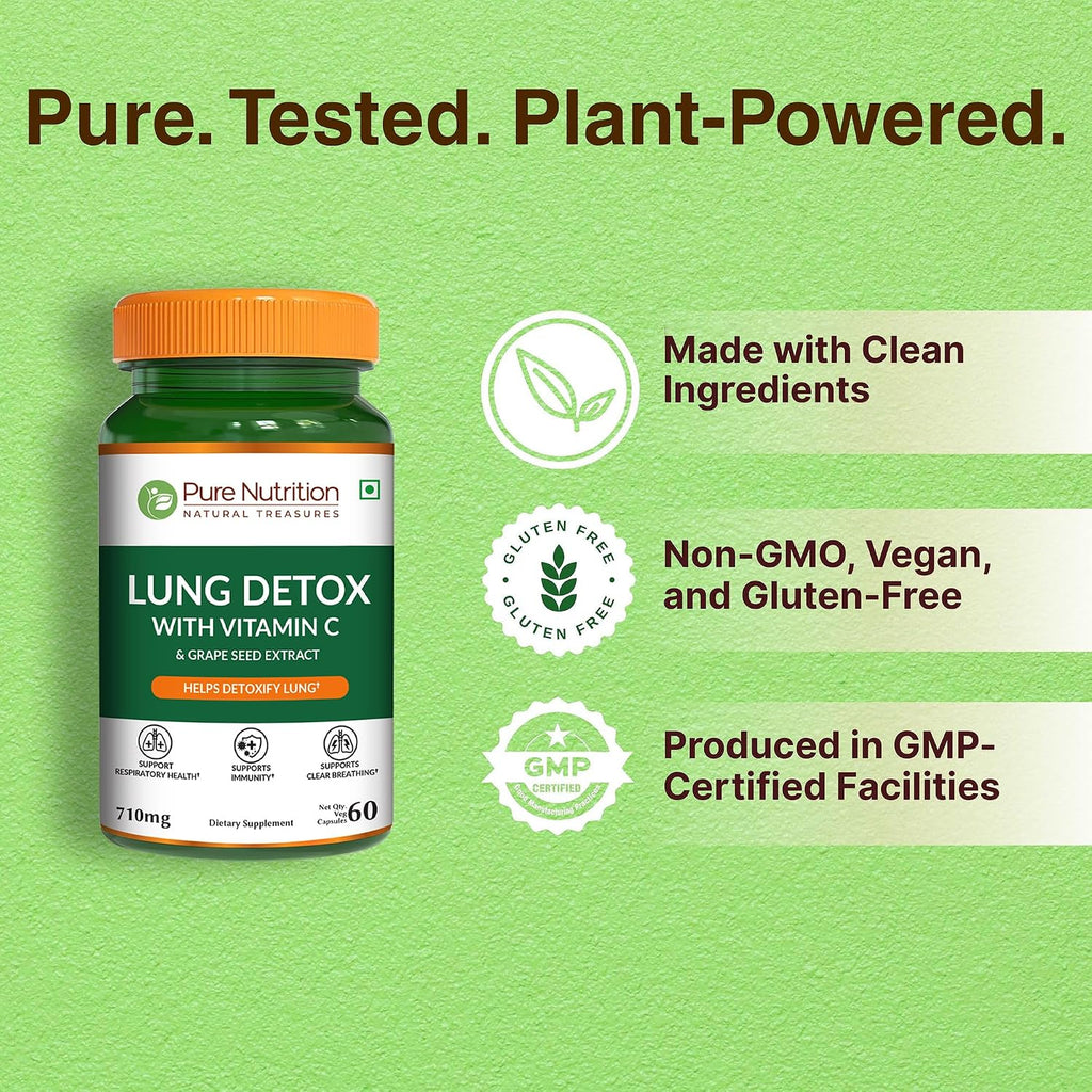 Pure Nutrition Lung Health Supplement | 60 Cápsulas | Fórmula Herbal de Apoyo Pulmonar con Quercetina, Vitamina C, Ortiga, Vasaka, Loto, Regaliz y Jengibre