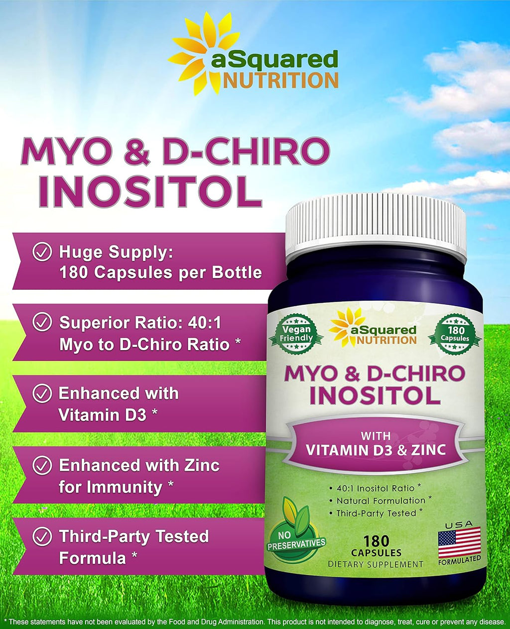 aSquared Nutrition Myo-Inositol & D-Chiro Inositol 40:1 con Vitamina D3 y Zinc - 180 Cápsulas