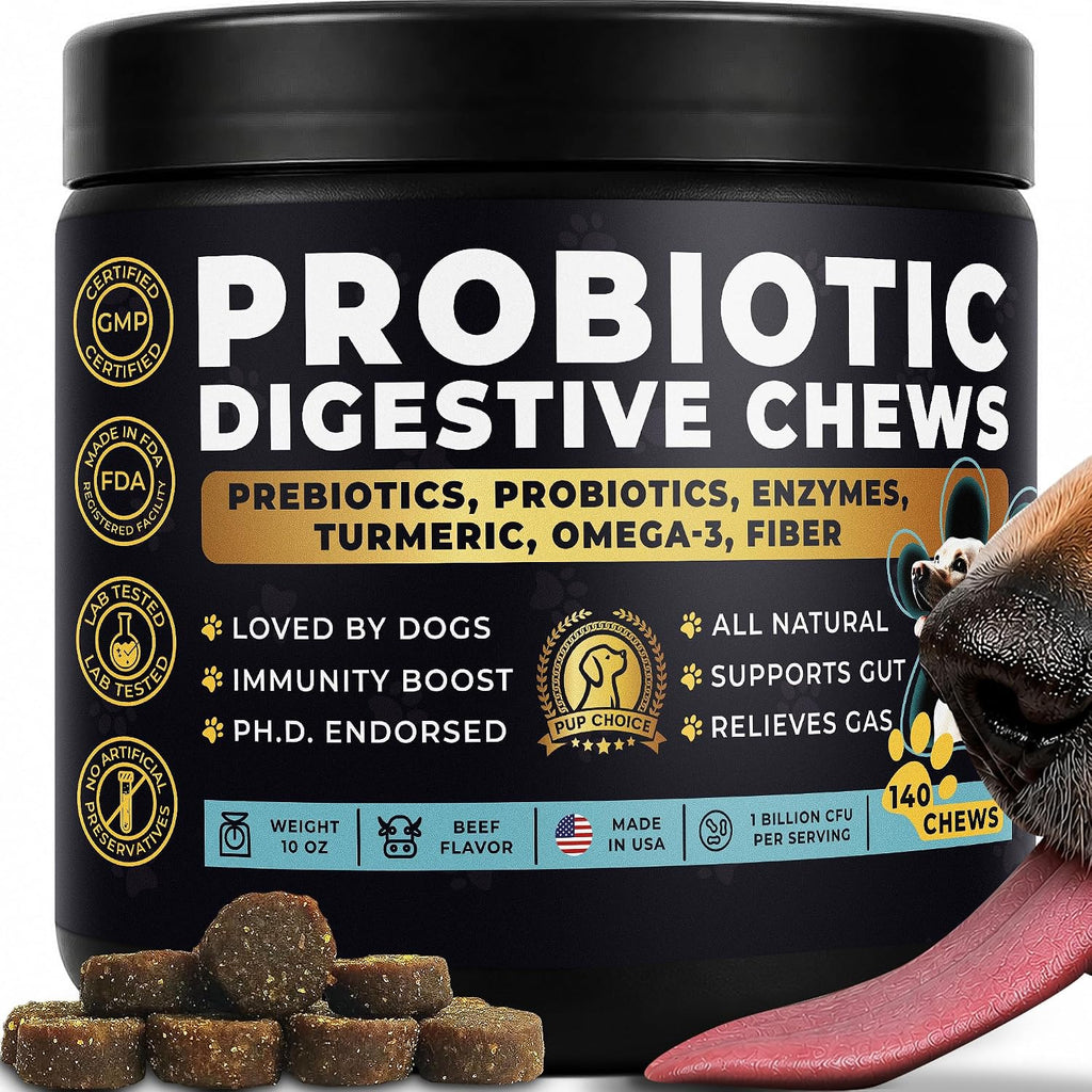 Pup Choice Probiotics para Perros - Digestión, Salud Intestinal y Heces Más Firmes | 1 Billón UFC, 6 Cepas con Calabaza, Papaya y Cúrcuma; Sabor a Ternera; 140 masticables blandos