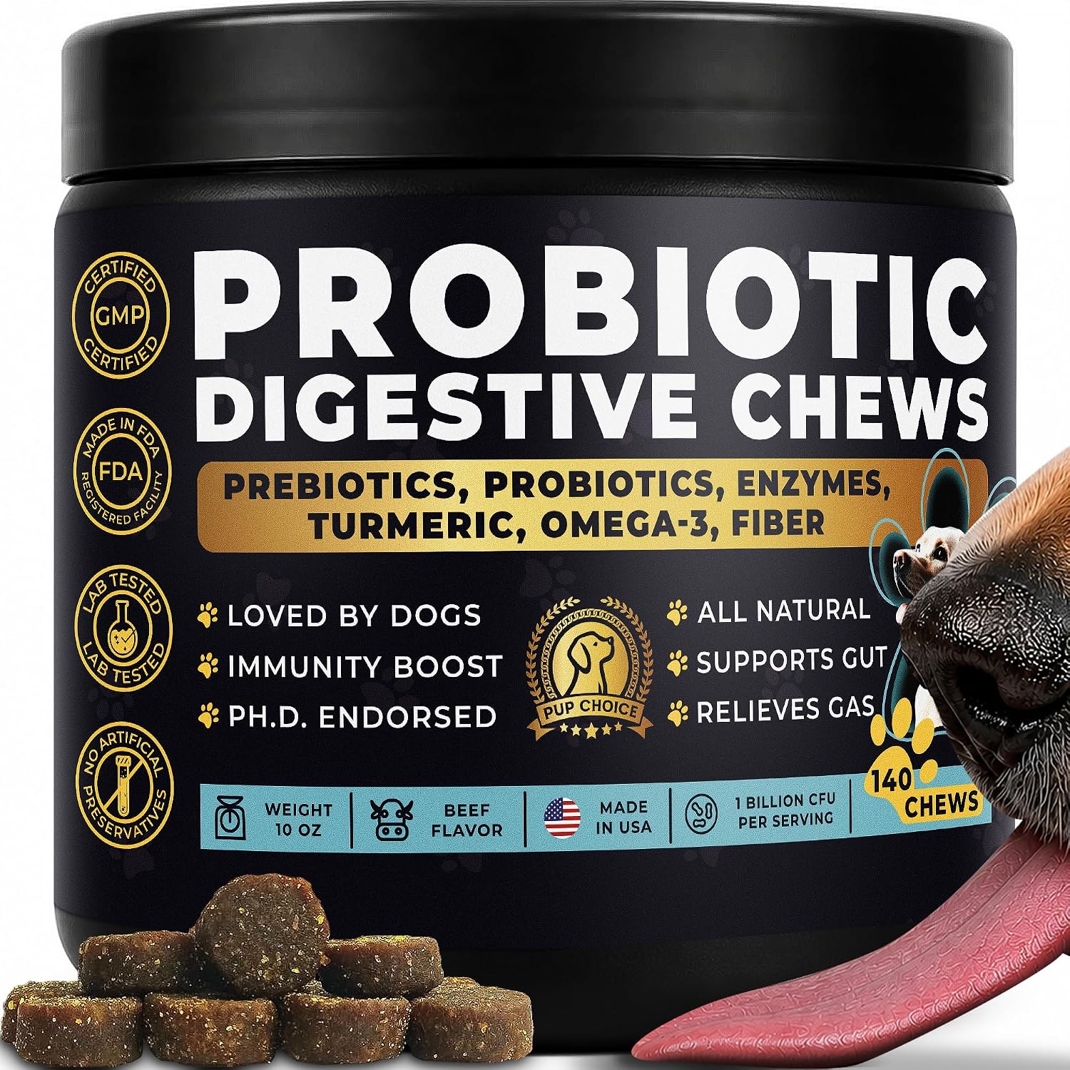 Pup Choice Probiotics para Perros - Digestión, Salud Intestinal y Heces Más Firmes | 1 Billón UFC, 6 Cepas con Calabaza, Papaya y Cúrcuma; Sabor a Ternera; 140 masticables blandos