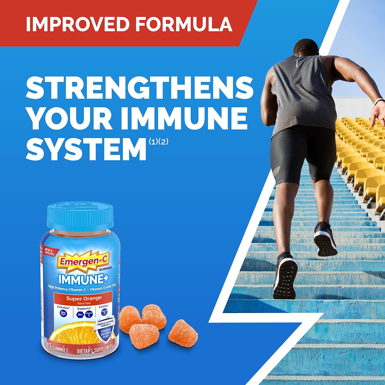 Emergen-C Immune+ Triple Action Gominolas de Apoyo Inmunitario, con BetaVia, 750 mg de Vitamina C, Vitaminas B, Vitamina D y Antioxidantes, Sabor Super Naranja - 45 Unidades