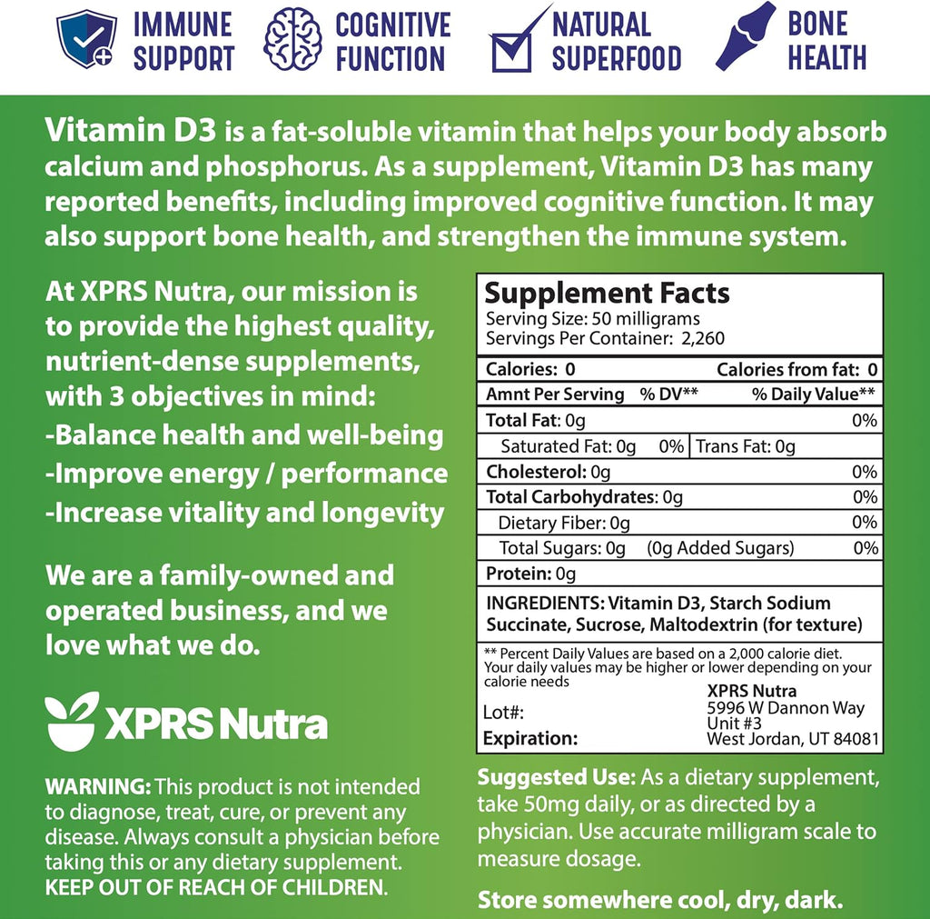 XPRS Nutra Vitamina D3 en Polvo (Colecalciferol) – Sin Sabor, 113 g (4 oz)