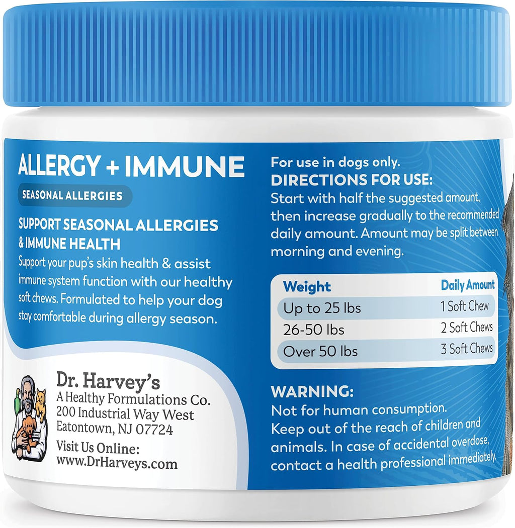 Dr. Harvey's Masticables Suaves para Perros contra Alergias y Picor - Apoyo Inmune y Digestivo con Hongos Funcionales, Probióticos y Super Hierbas, Sabor a Salmón (90 unidades)