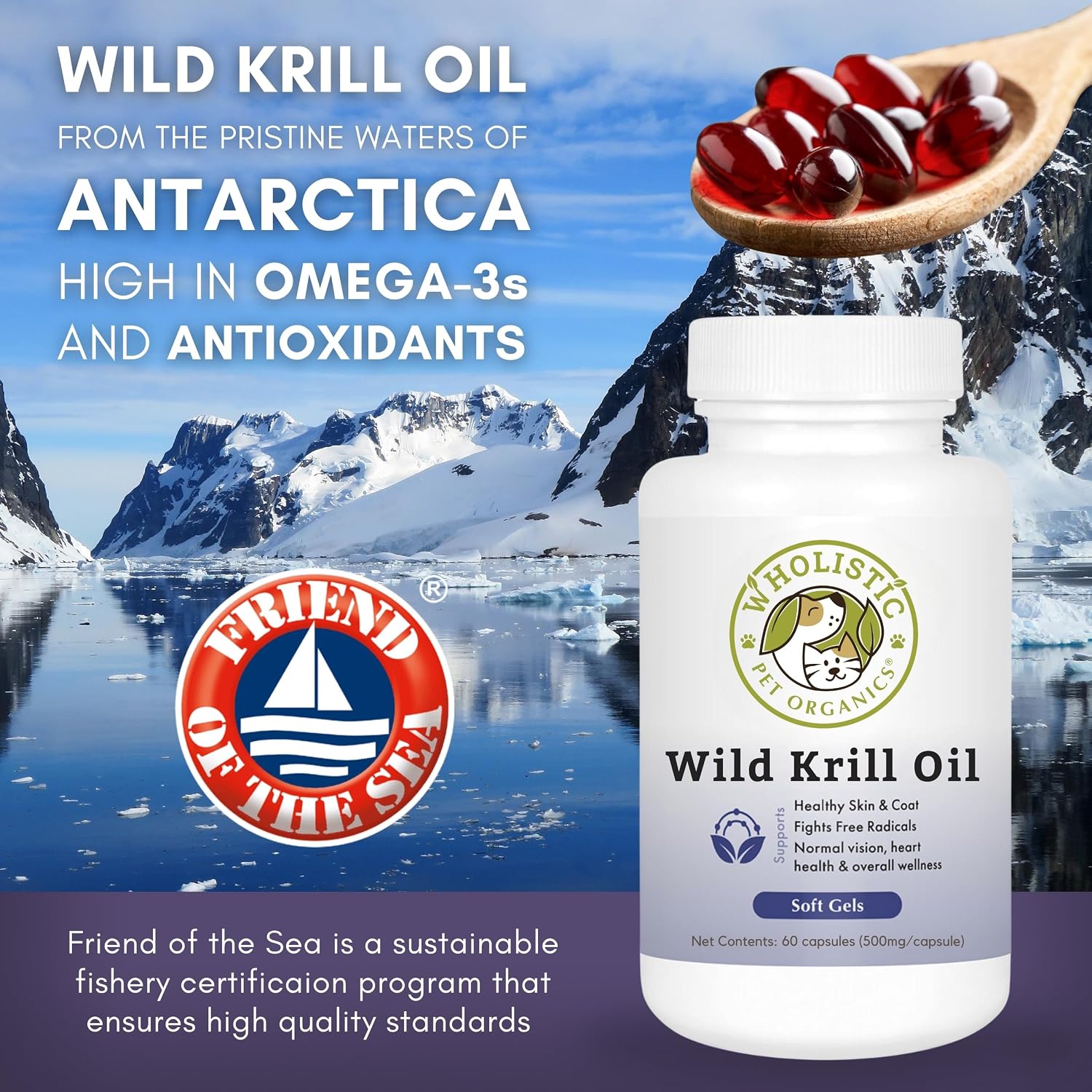 Wholistic Pet Organics Krill Oil para Perros y Gatos - Suplemento Antioxidante Premium - 60 Cápsulas Blandas