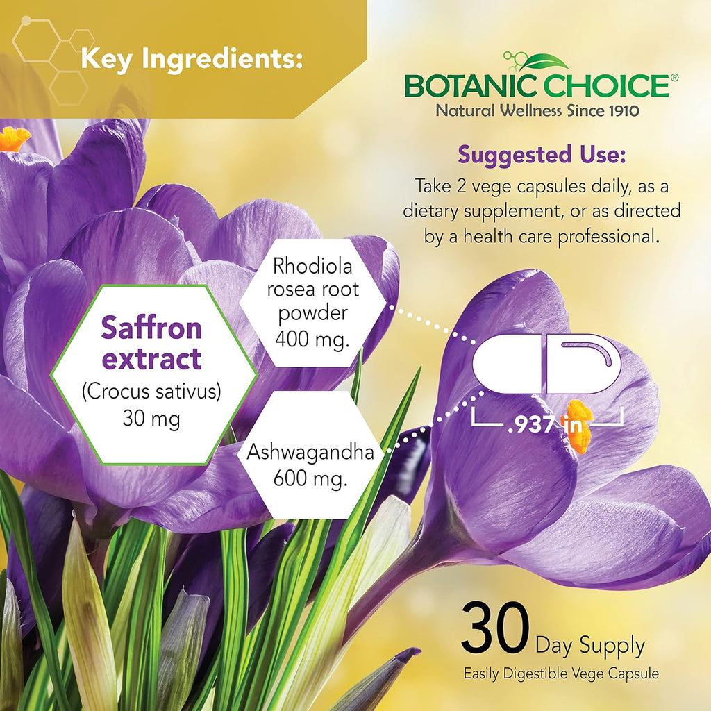 Botanic Choice Stress Complex Cápsulas - Apoyo para el Estado de Ánimo y la Memoria con Azafrán, Ashwagandha, Rhodiola - Sin Gluten, 60 Cápsulas