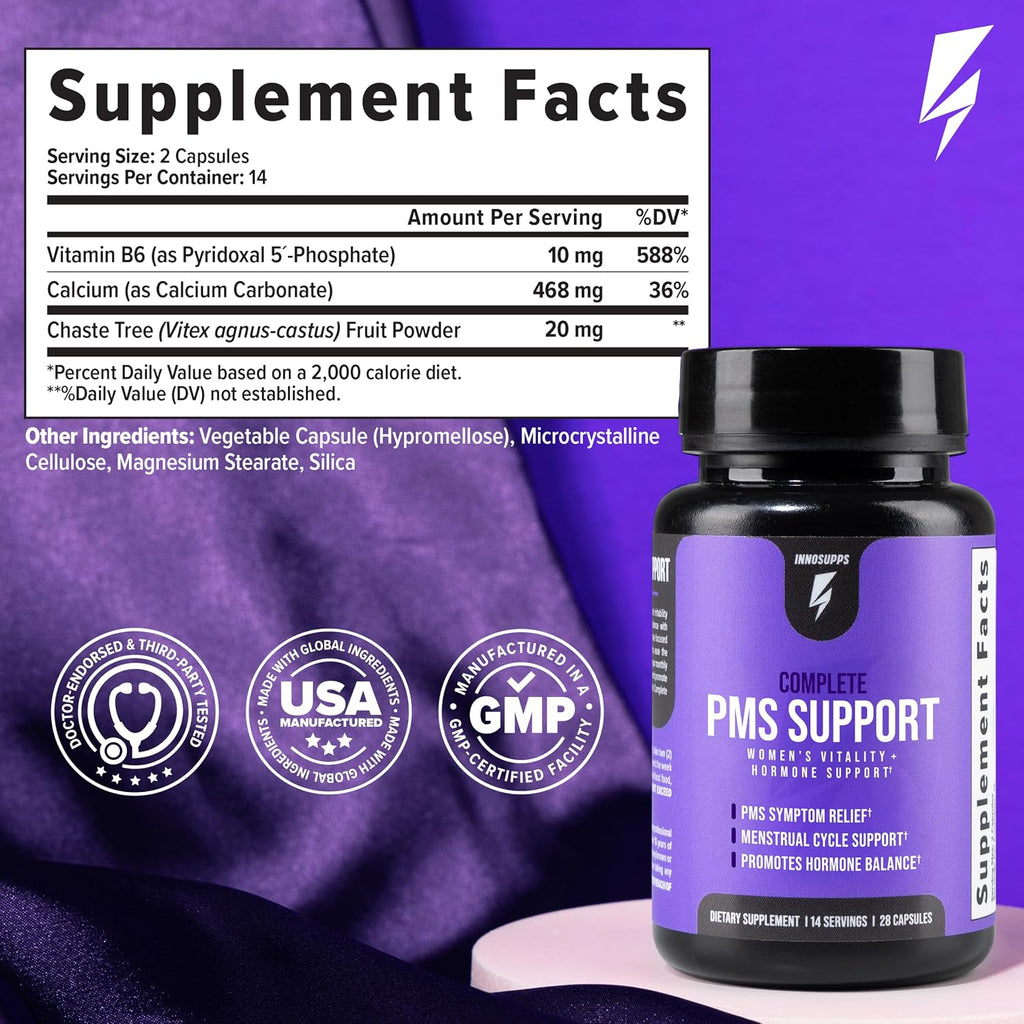 Inno Complete PMS Support - Suplemento para el síndrome premenstrual con sauzgatillo, vitamina B6 y calcio (28 cápsulas)