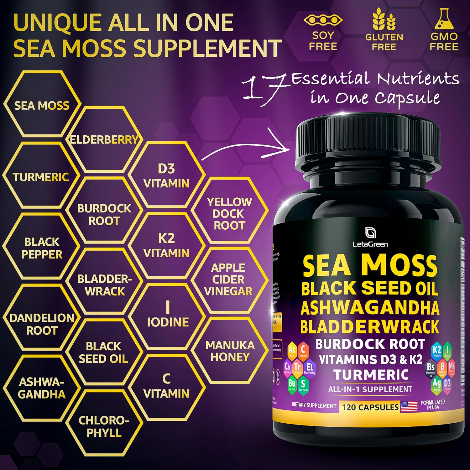 LetaGreen Cápsulas de Sea Moss 17 en 1 – Mezcla Multimineral con Ashwagandha y Vitaminas D3, K2 y C – 120 Cápsulas