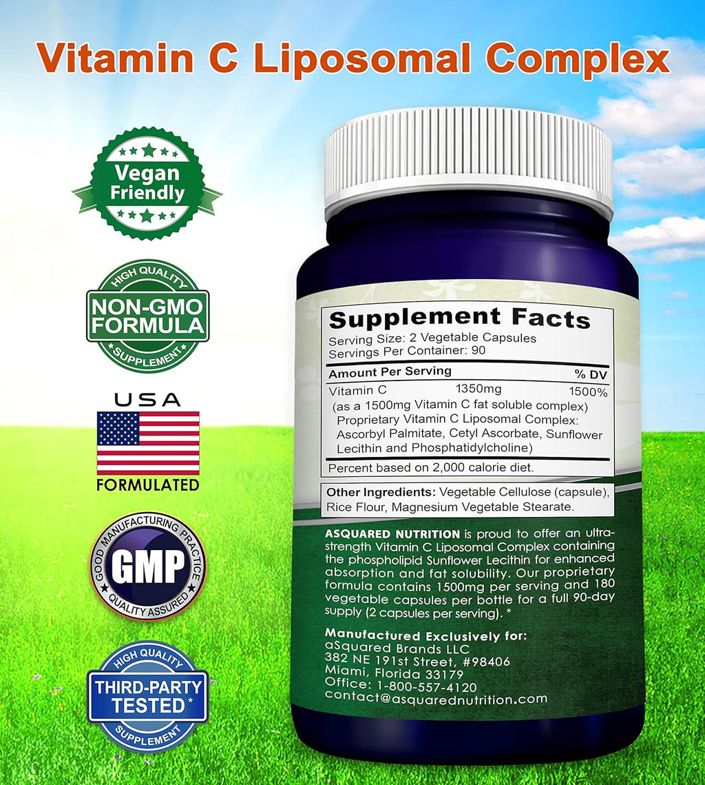 aSquared Nutrition Complejo Liposomal de Vitamina C - 1500mg - 180 Cápsulas - Alta Absorción - 90 Dosis