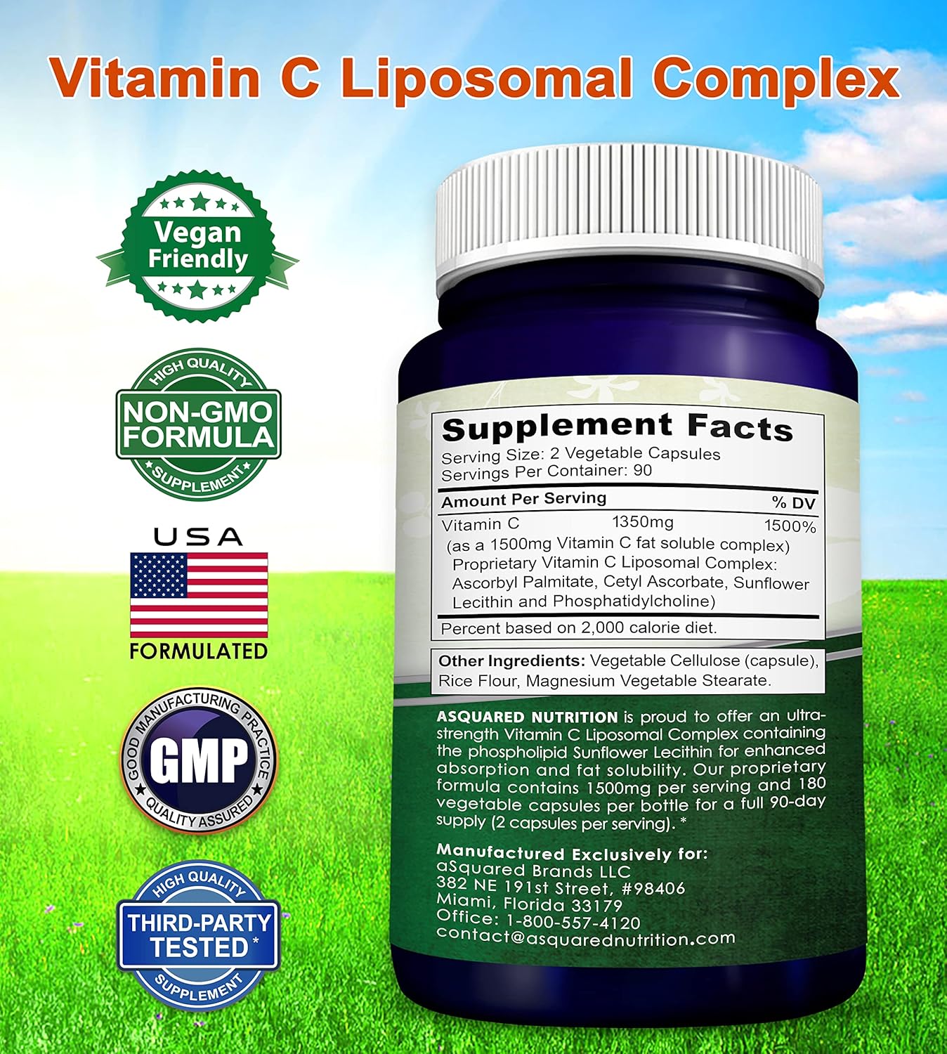 aSquared Nutrition Complejo Liposomal de Vitamina C - 1500mg - 180 Cápsulas - Alta Absorción - 90 Dosis