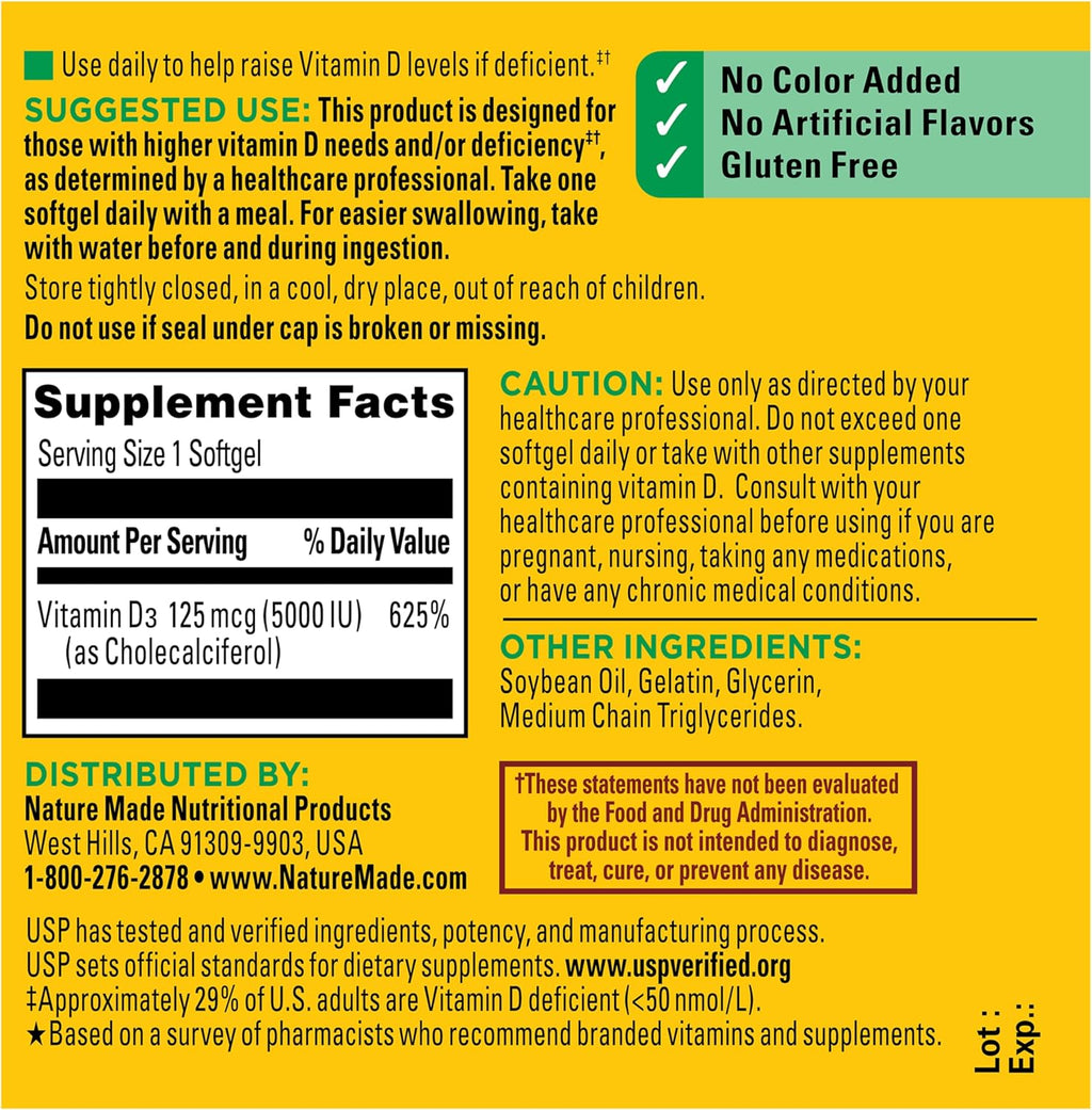 Nature Made Vitamina D3 5000 UI (125 mcg) 360 Cápsulas Blandas - Extra Fuerte