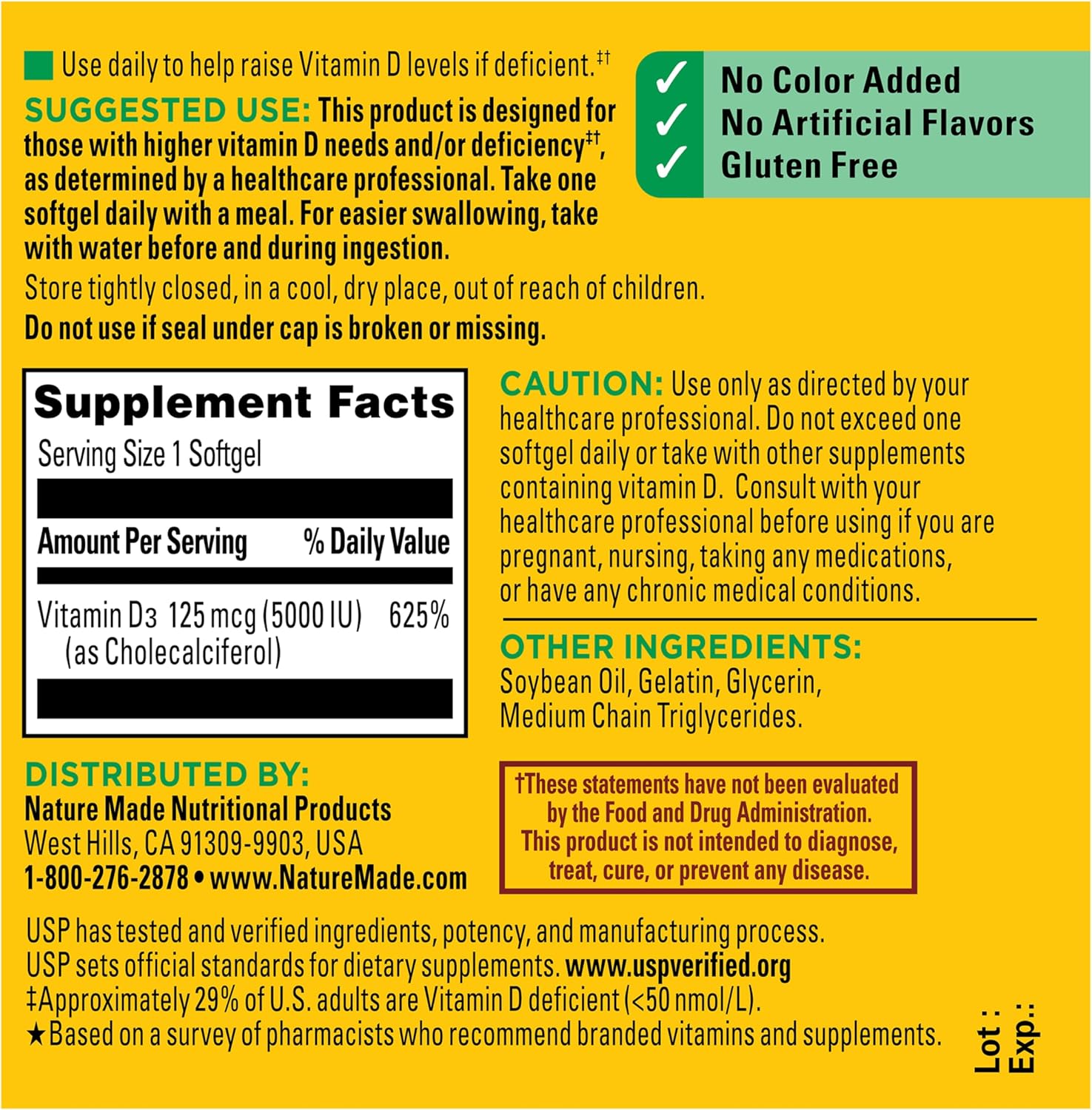 Nature Made Vitamina D3 5000 UI (125 mcg) 360 Cápsulas Blandas - Extra Fuerte
