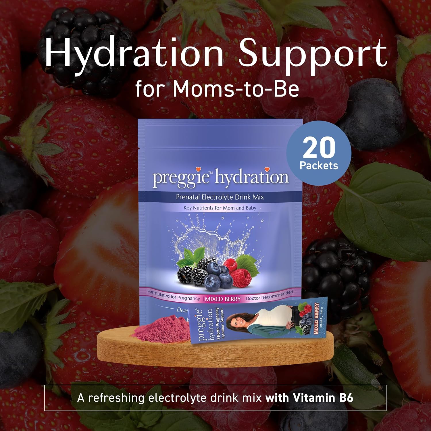 Three Lollies Preggie Hydration Packets - Sobres de Hidratación para Embarazadas con Electrolitos y Vitamina B6, Sabor Mixed Berry, 20 Sobres Individuales