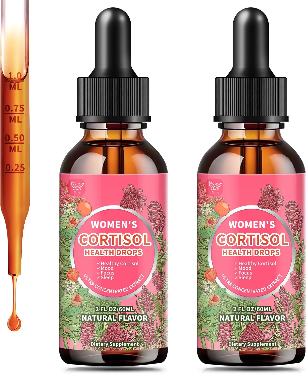 Hudetex Cortisol Supplements for Women Liquid Drops - With Ashwagandha, L-theanine, Phosphatidylserine, Rhodiola Rosea, Plus Black Pepper, Vegan, Natural Flavor, 2 Fl Oz (60 ml)