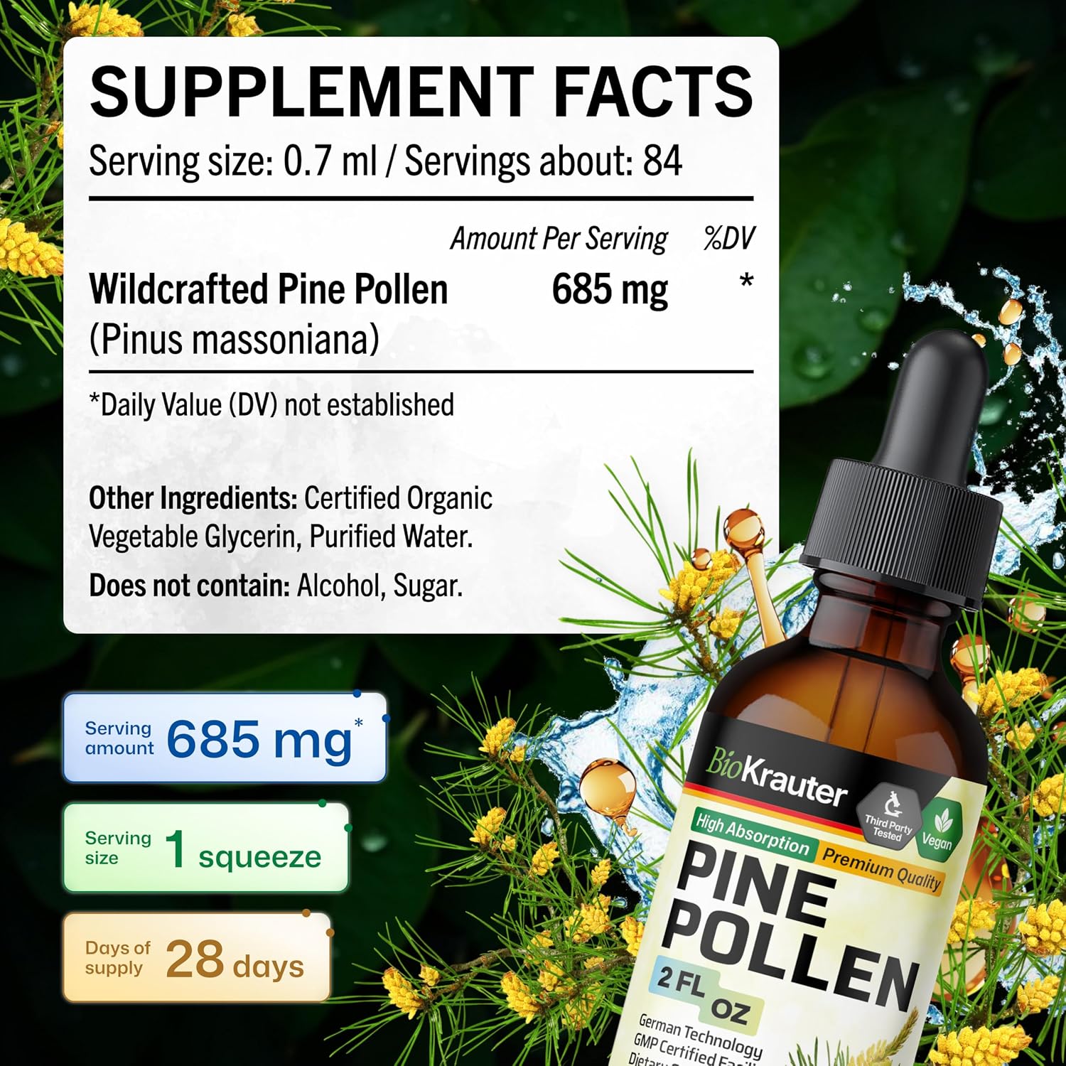 BIO KRAUTER® Polen de Pino para Hombres - Tintura Vegana Pura 685 mg por Dosis, 2 oz - Apoyo Inmunitario y Antioxidante