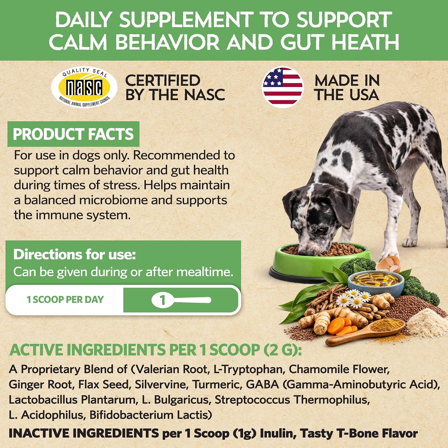 Relaxin’ Rover Suplemento Calmante con Probióticos para Perros con Valeriana, Manzanilla y GABA para Alivio del Estrés y la Ansiedad, Delicioso Sabor a Hueso T-Bone, 20 Dosis