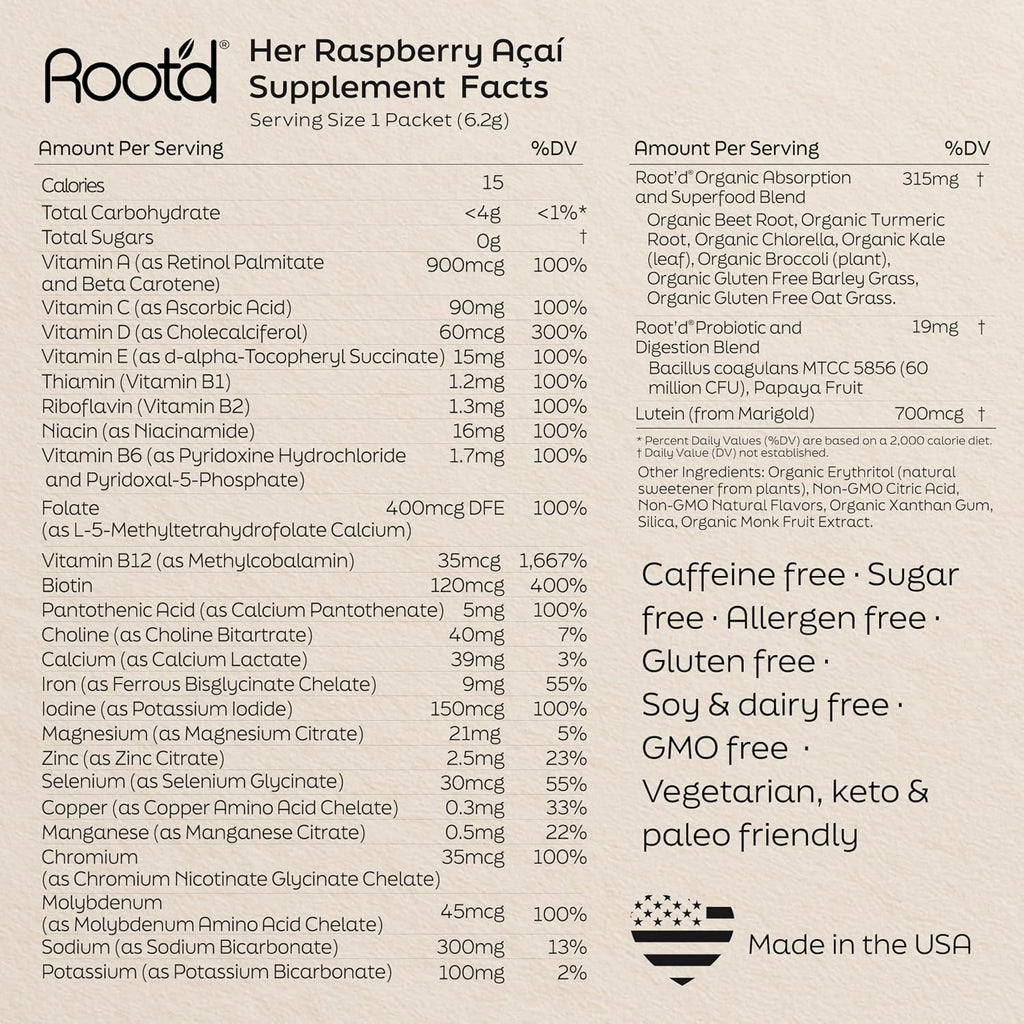 Root'd Multivitamínico en Polvo para Mujeres - 25 Vitaminas y Minerales con Electrolitos, Superalimentos y Probióticos, 24 sobres