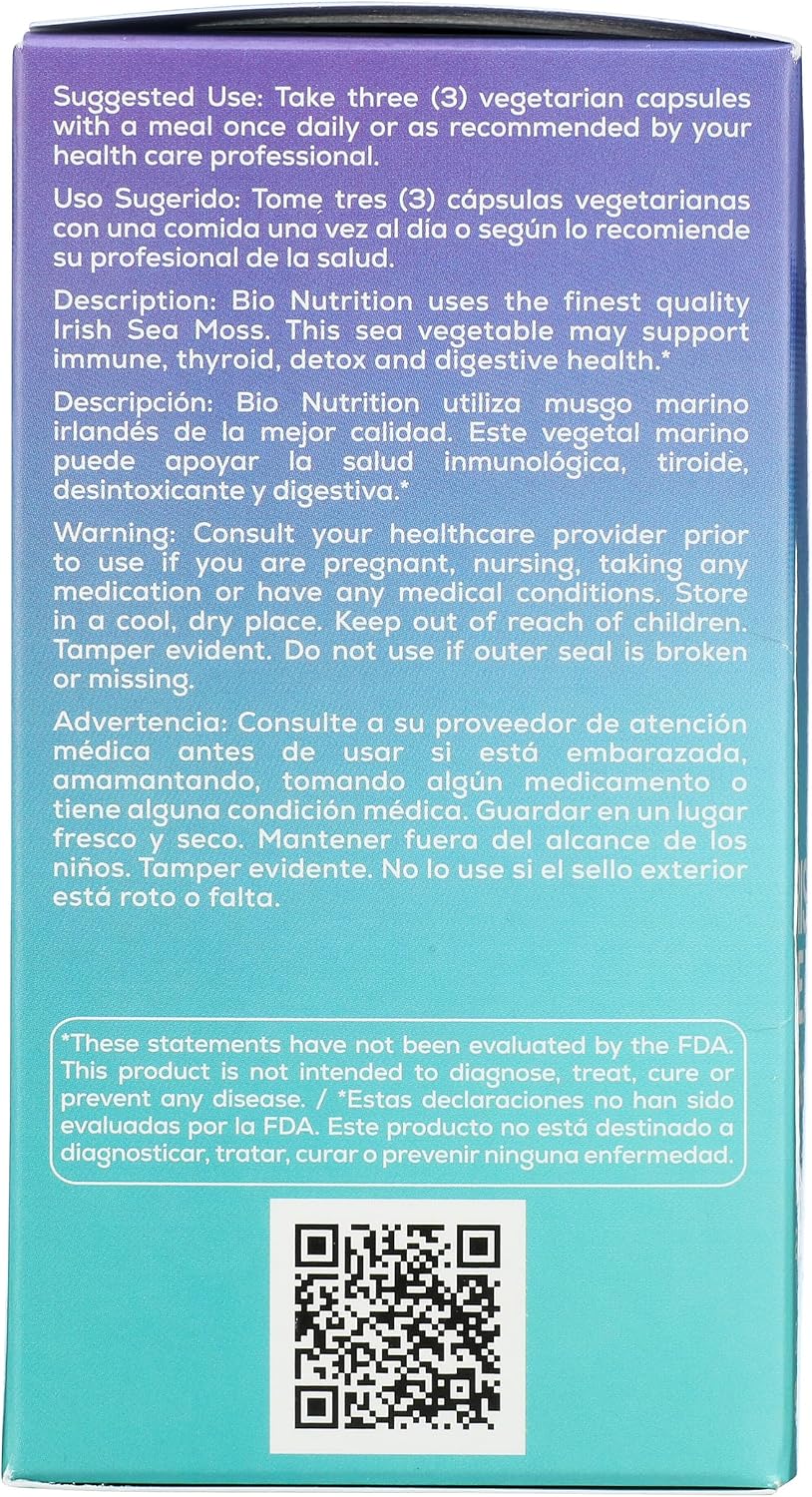 Bio Nutrition Irish Sea Moss, Sin Gluten, 90 Cápsulas Veganas