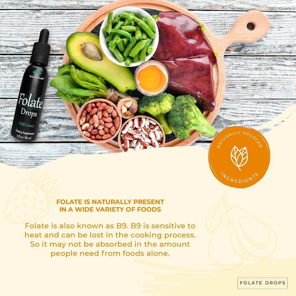 Balanced Health Folate Drops - 120 Servicios, 60ml, Sabor Butterscotch, 500mcg L-5-MTHF (Metilfolato)