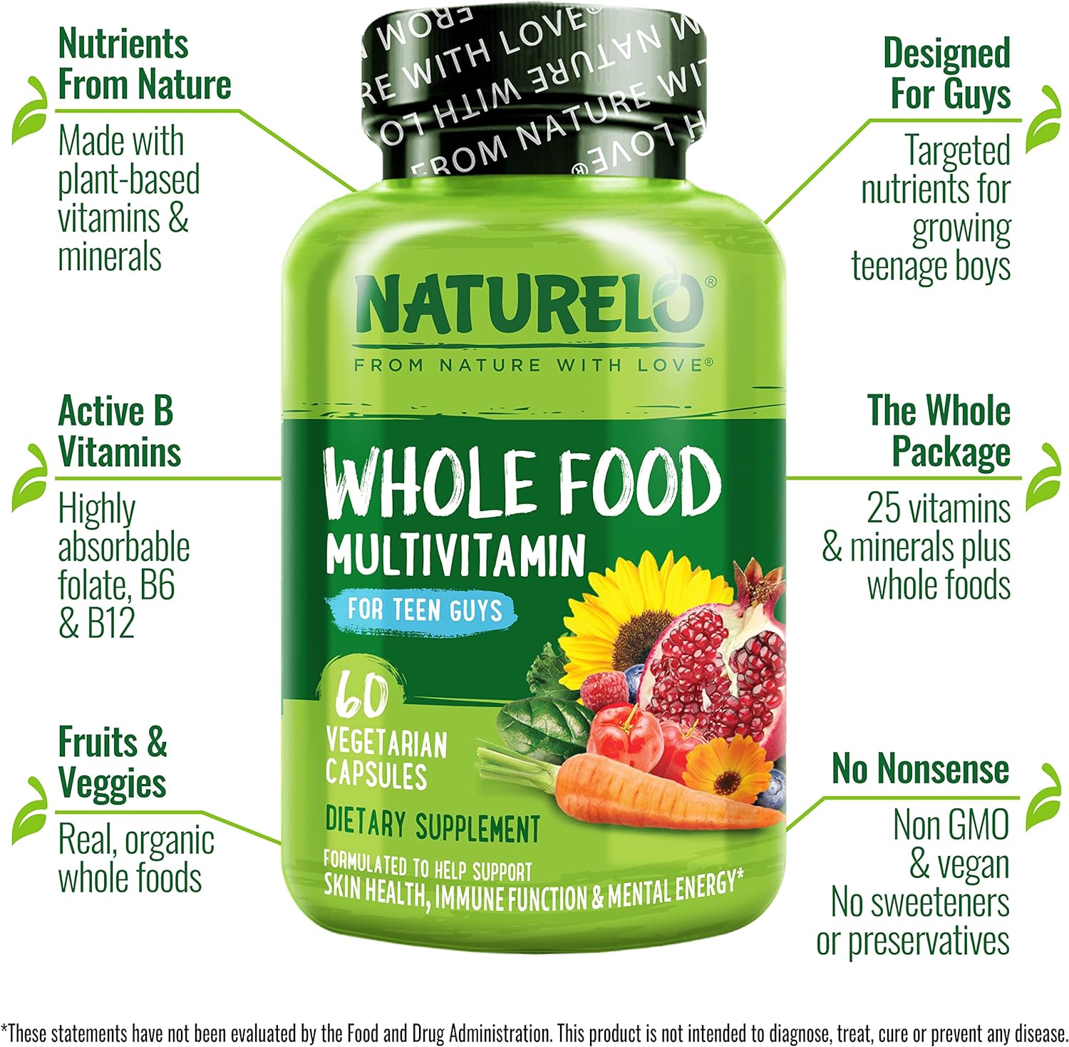 NATURELO Multivitamínico para Adolescentes - Complejo Vitamínico para Chicos - con Extractos Vegetales - No Transgénico - Vegano - 60 Cápsulas